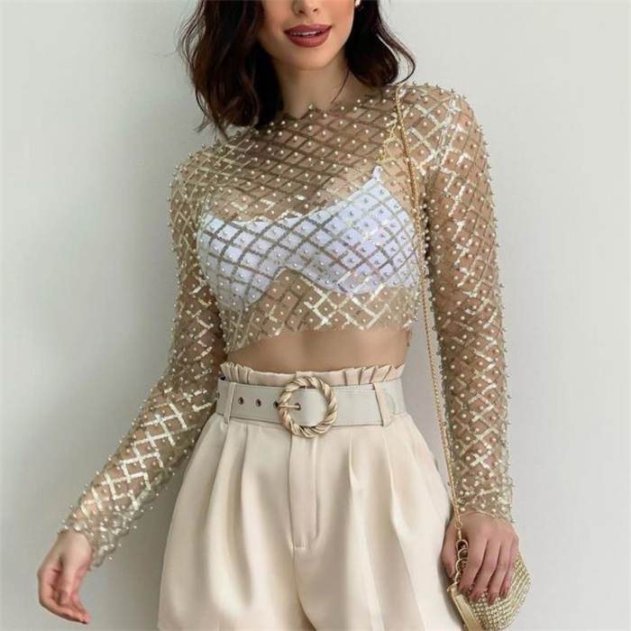 欧美性感修身网纱重工钉珠亮片短T恤上衣 crop tshirt top blouse