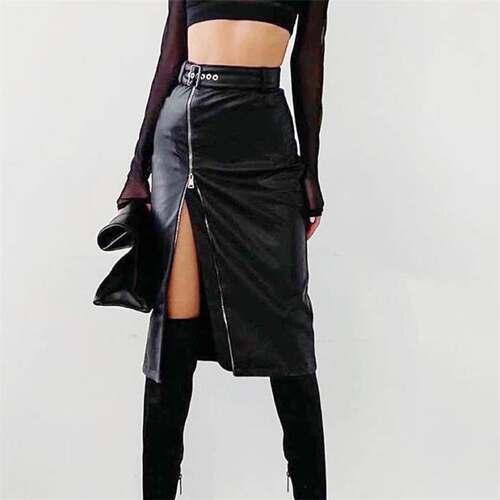 欧美时尚性感高腰开叉PU皮半身裙 sexy slit midi leather skirt