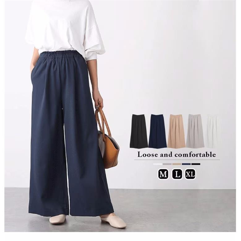 亚马逊日系女裤宽松直筒长裤松紧高腰休闲阔腿裤2023日本乐天爆款