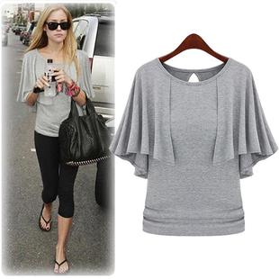 休闲纯色个性 时尚 蝙蝠短袖 T打底衫 4XL 欧洲站速卖通大码 上衣M 女装