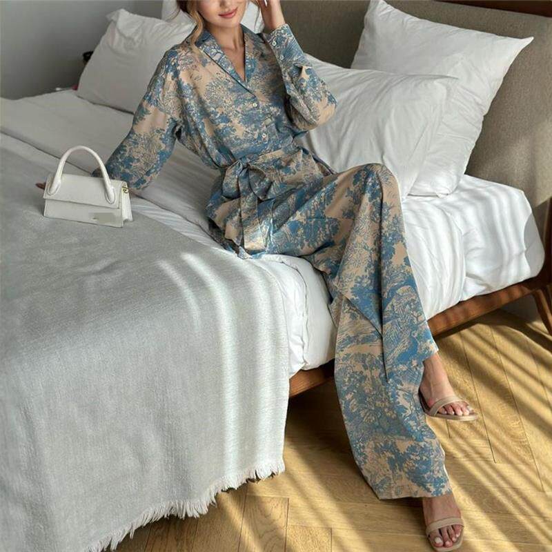 采购产品欧美时尚长袖系带衬衫和裤子女式睡衣家用服装套装