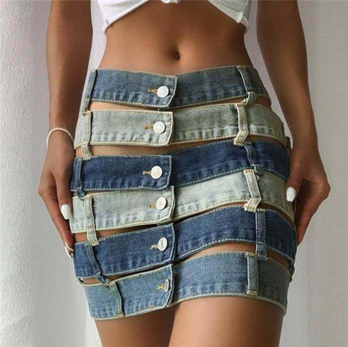 欧美时尚性感拼接镂空牛仔包臀短裙半身裙 sexy mini denim skirt