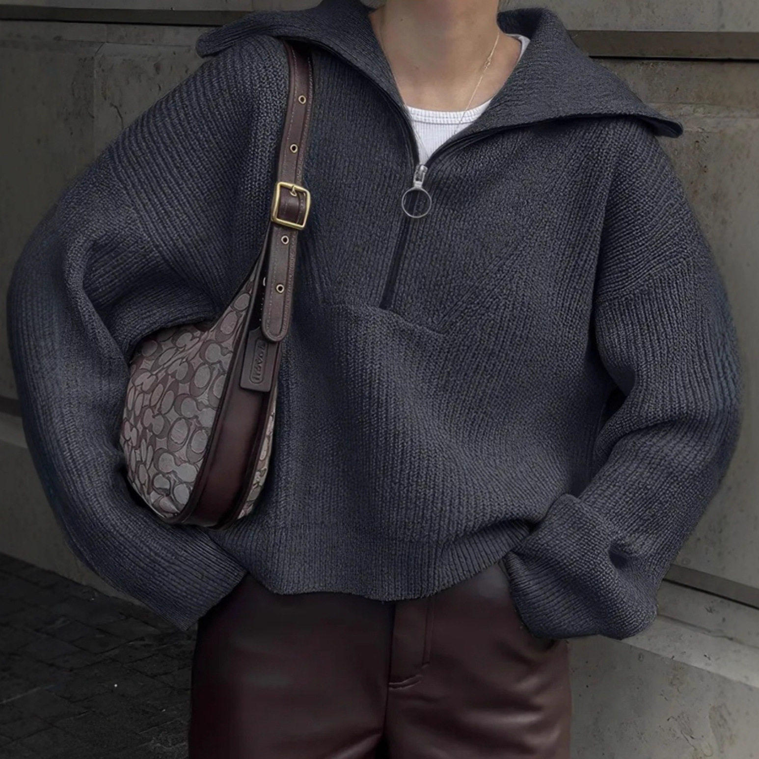 Zipper pullover solid color casual women's sweater