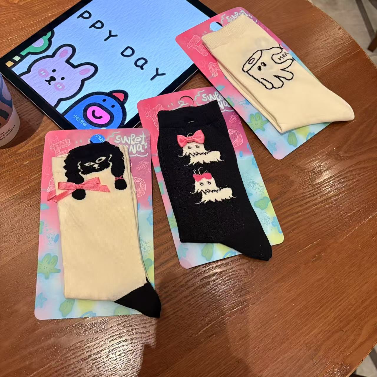 日本品质可爱卡通粉色蝴蝶结小狗小辫子卡通中筒袜
