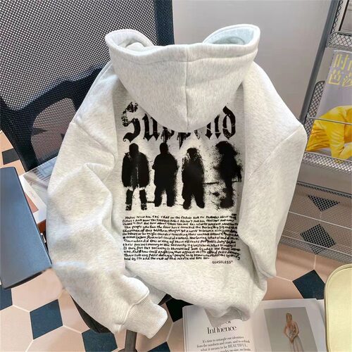 日系宽松加绒加厚潮流美式复古华棉秋冬350g重磅加绒连帽卫衣潮流
