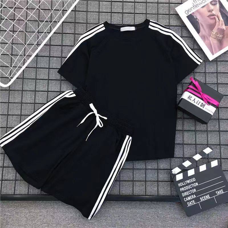 夏季短袖套装韩版学生情侣条纹T恤短裤两件套休闲跑步运动服男1/2