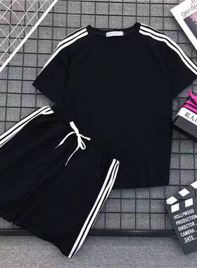 夏季短袖套装韩版学生情侣条纹T恤短裤两件套休闲跑步运动服男1/2