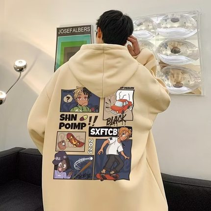 青少年春秋冬季款美式连帽加厚加绒外套初高中学生帅气潮牌卫衣男