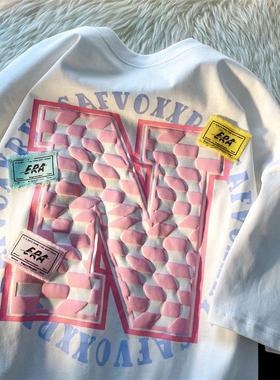 2025新款精梳棉重工烫钻字母印花款宽松短袖T恤上衣women clothes