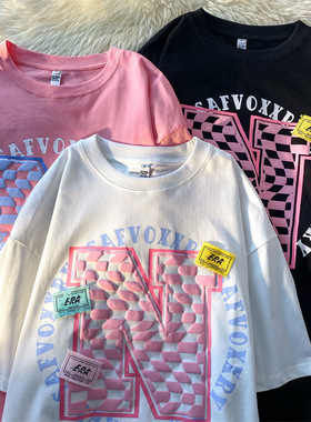 印花款宽松短袖T恤上衣women clothes2025新款精梳棉重工烫钻字母