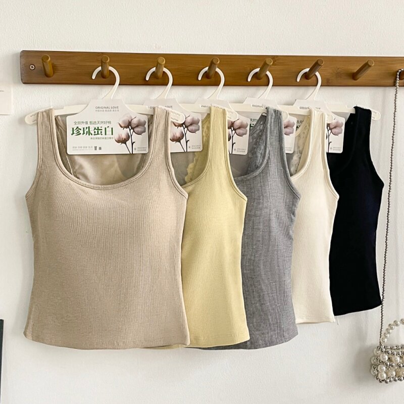 宽肩带镂空美背吊带背心带胸垫一体式无痕显瘦秋冬纯色百搭打底衫