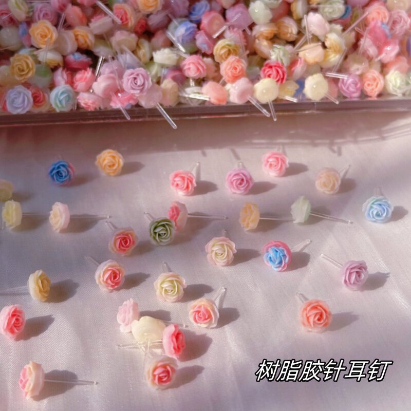 春夏塑料针甜美月季花朵耳钉防过敏树脂胶针玫瑰花精致养耳洞胶针