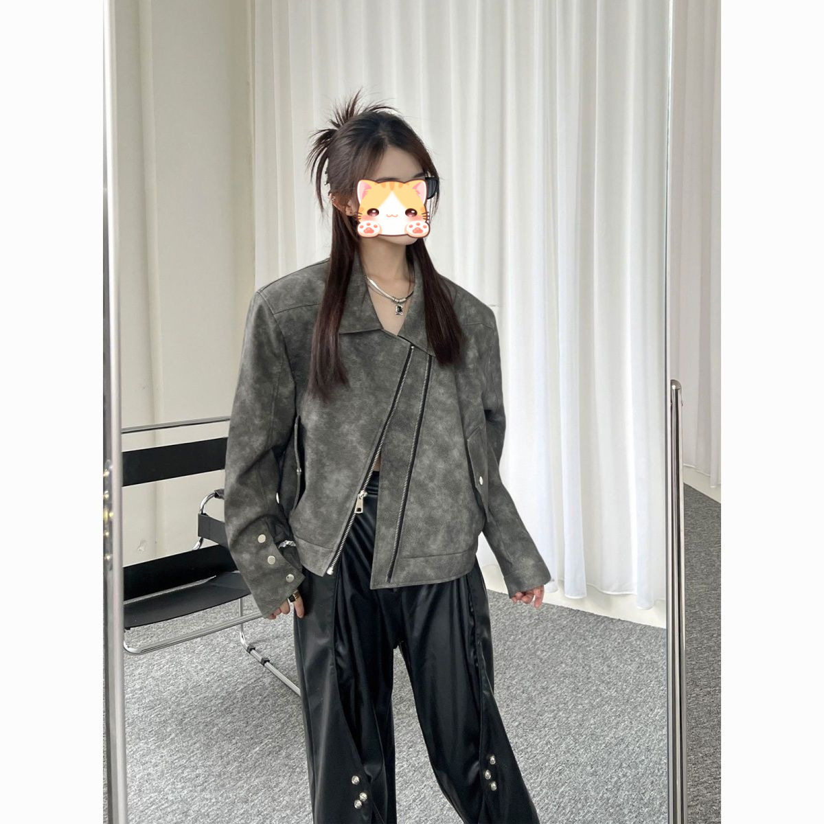 2025春秋冬季美式复古灰色PU皮衣短外套女机车风cleanfit夹克上衣