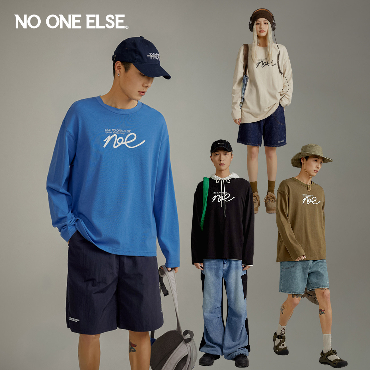 NO ONE ELSE【7系列】字母印花T恤男女同款2026春秋新品宽松上衣