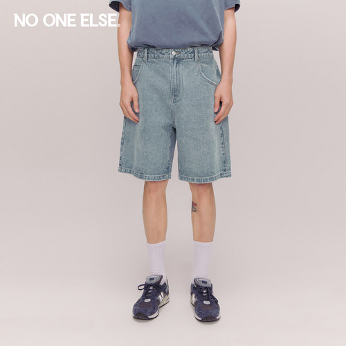 NO ONE ELSE磨白牛仔裤男女款2026年夏季新品水洗直筒阔腿短裤子