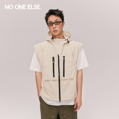NO ONE ELSE抽绳连帽无袖马甲男女2026春秋新款简约运动机能马夹