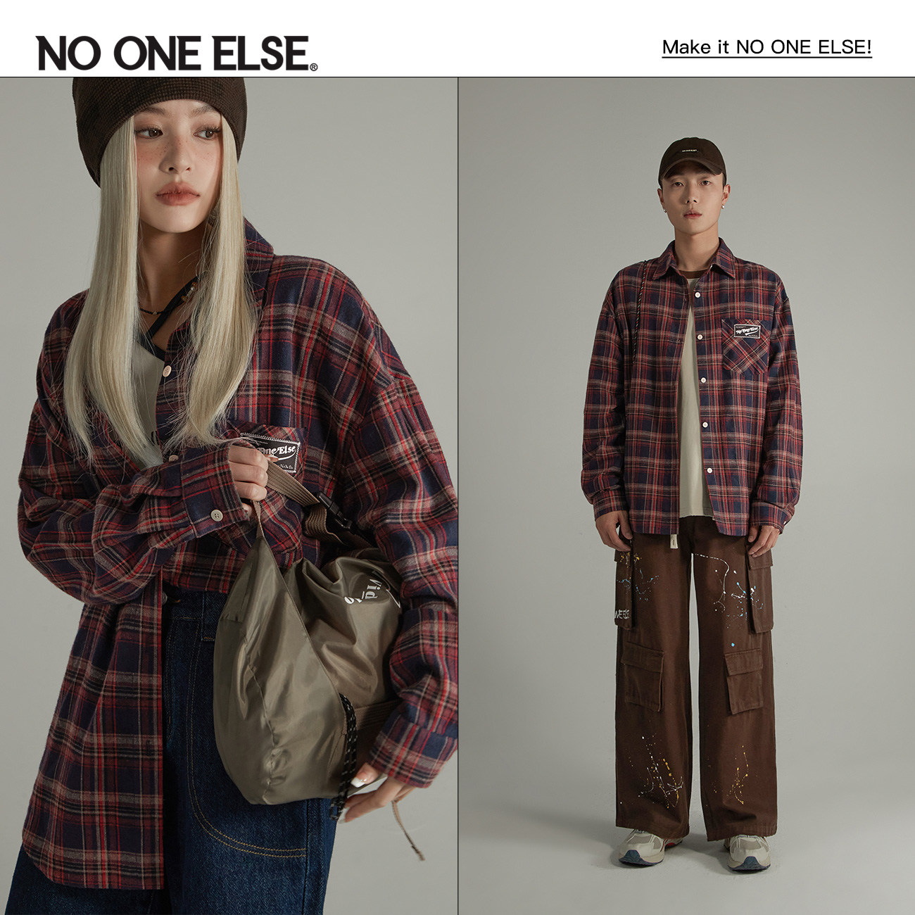 NO ONE ELSE字母格子衬衫男女款2026年春秋新款宽松长袖衬衣上衣