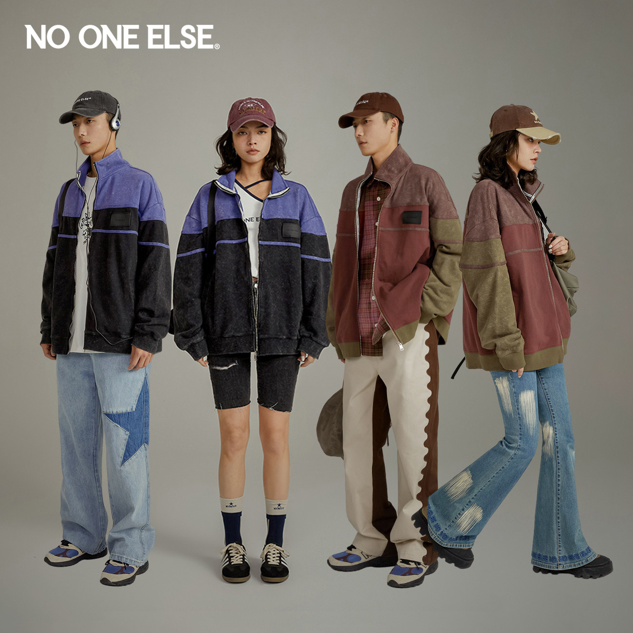 NO ONE ELSE字母撞色外套男女款2026春春秋新品扎染拼接运动上衣
