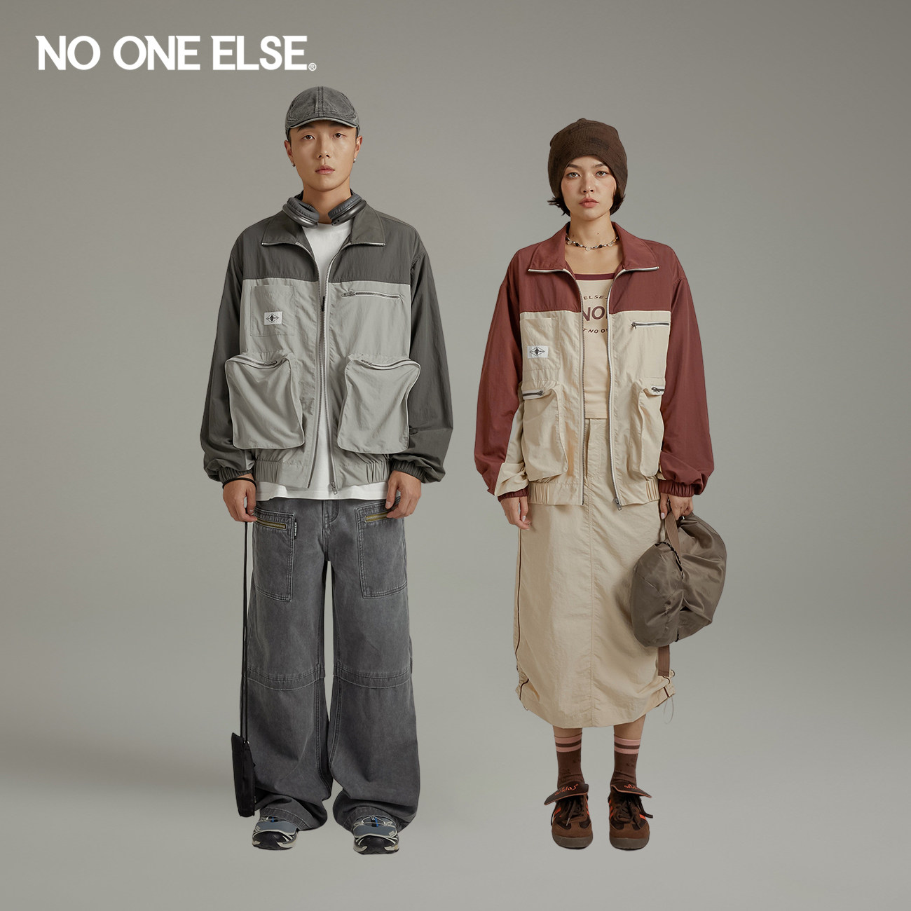 NO ONE ELSE撞色拼接外套男女同款2026年春秋新品多口袋长袖夹克