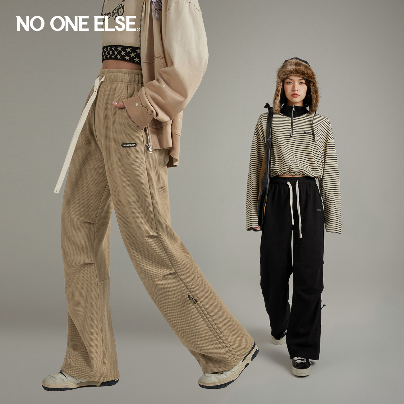 NO ONE ELSE抽绳阔腿休闲裤女2026年春秋新品宽松运动风高腰长裤