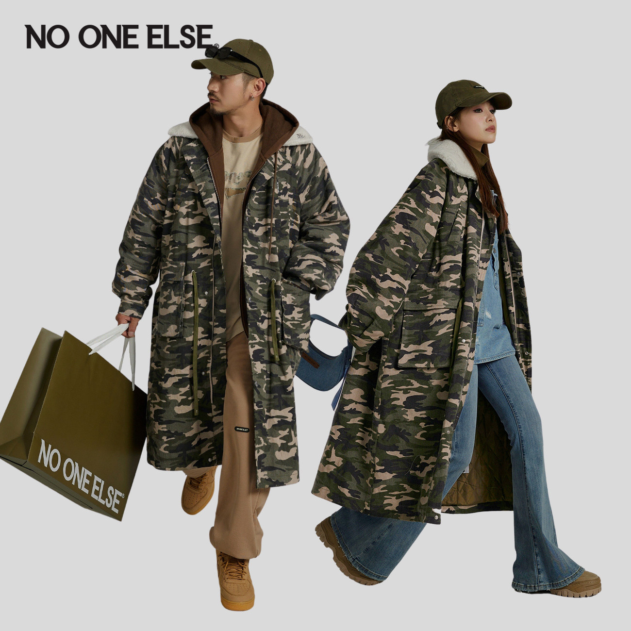 【反季清仓】NO ONE ELSE迷彩长棉服男女同冬季韩系个性宽松棉衣