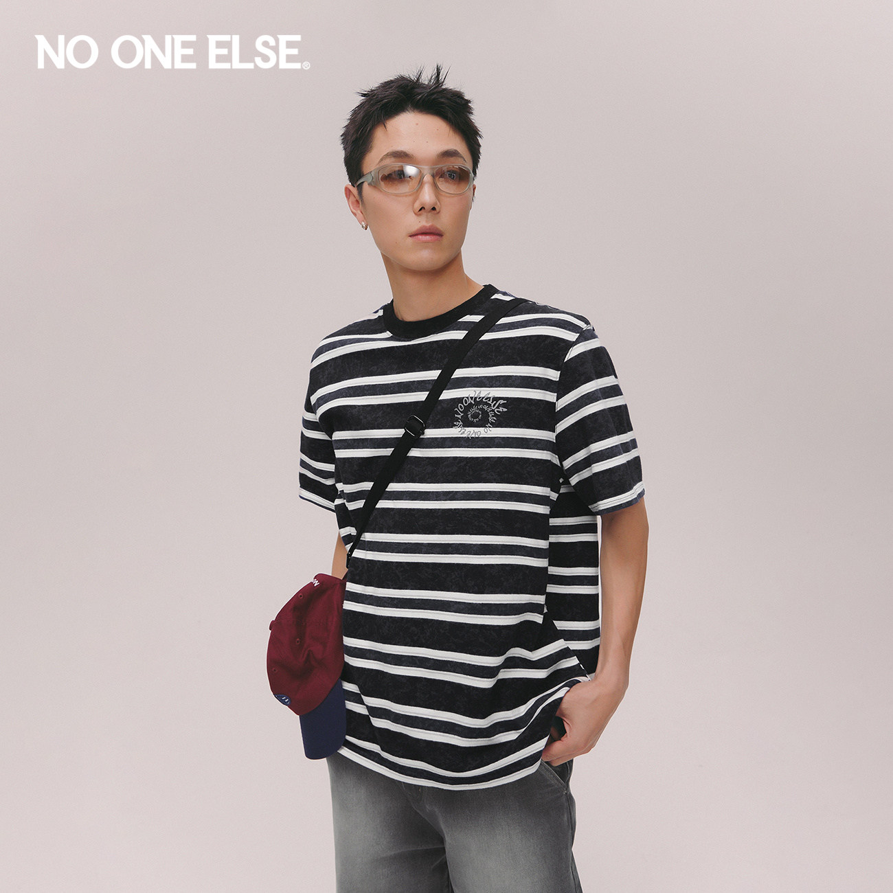 NO ONE ELSE撞色条纹短袖T恤男女款2026夏季新品字母印花宽松上衣