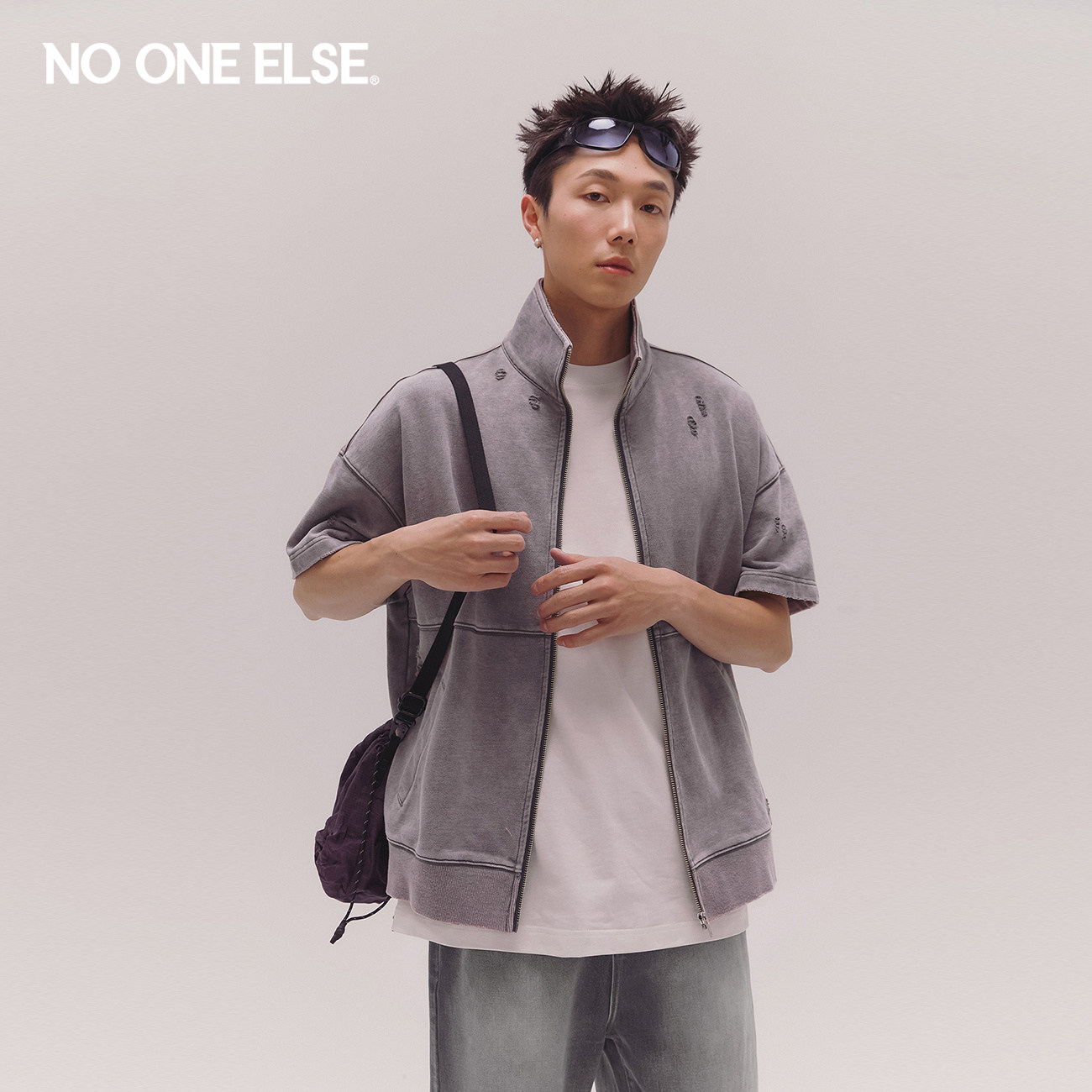 NO ONE ELSE破洞做旧外套男女款2026年夏季新品拉链立领短袖卫衣