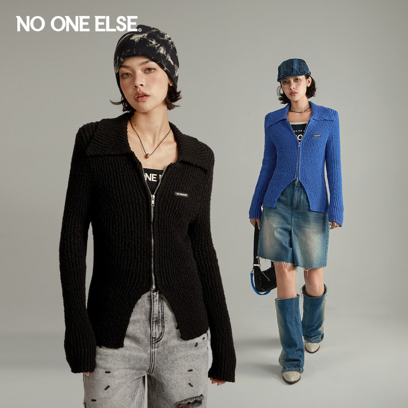NO ONE ELSE翻领针织外套女2026春秋新品美式辣妹开叉正肩毛衣