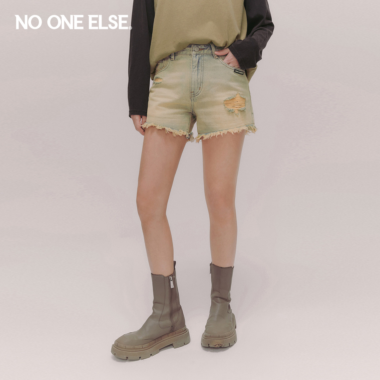 NO ONE ELSE破洞牛仔短裤女2026年夏季新品潮酷个性高腰毛边裤子