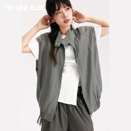 NO ONE ELSE立领运动马甲女2026春秋新品插肩袖褶皱薄款机能马夹