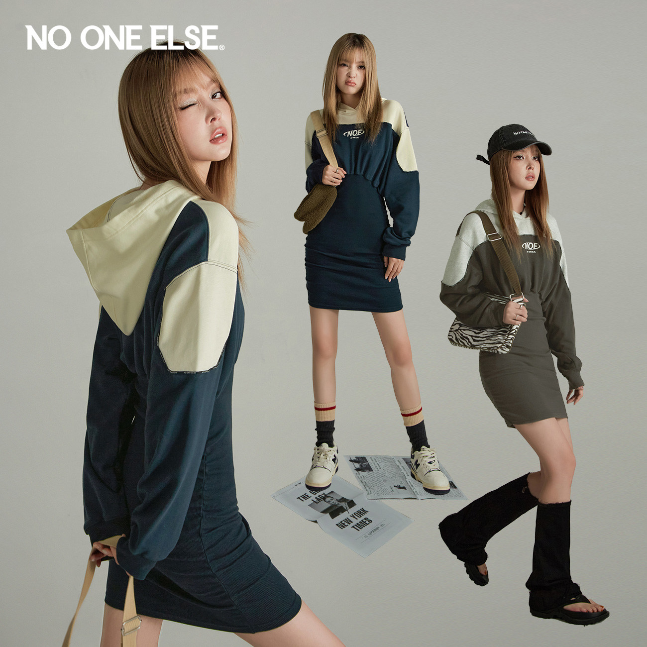NO ONE ELSE长袖拼接连衣裙女2026春秋新品宽松短款连帽卫衣裙子