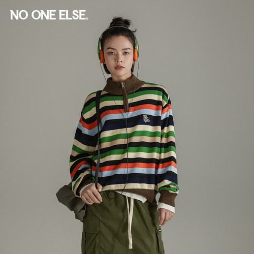 早春条纹针织衫nooneelse立领