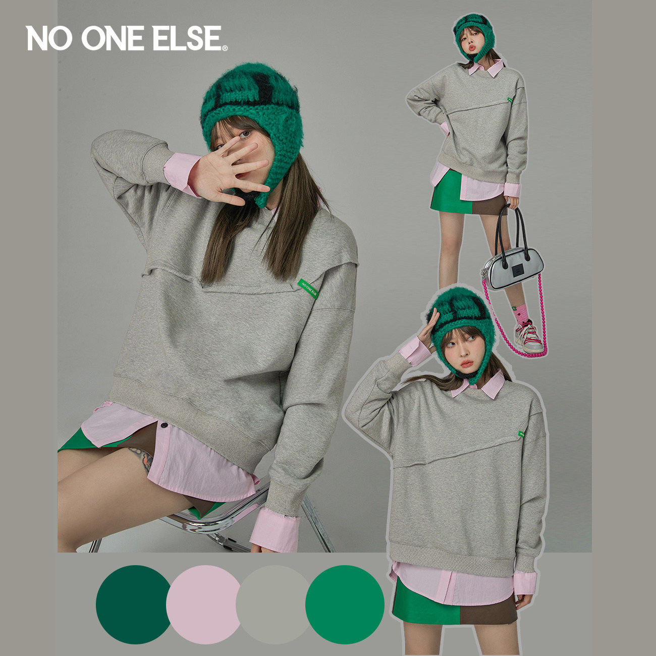 NO ONE ELSE时尚圆领套头卫衣女2026秋新品宽松洋气设计感上衣