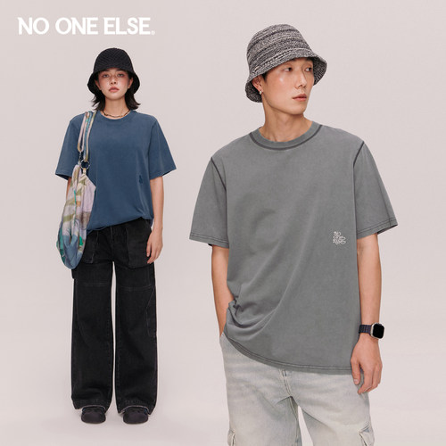 NO ONE ELSE字母绣花T恤男女款2026夏季新品美式宽松套头短袖上衣