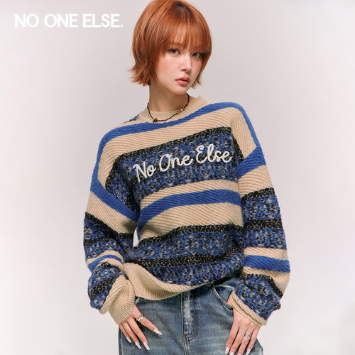 NO ONE ELSE字母绣花毛衣男女款2026春秋新品撞色条纹长袖针织衫