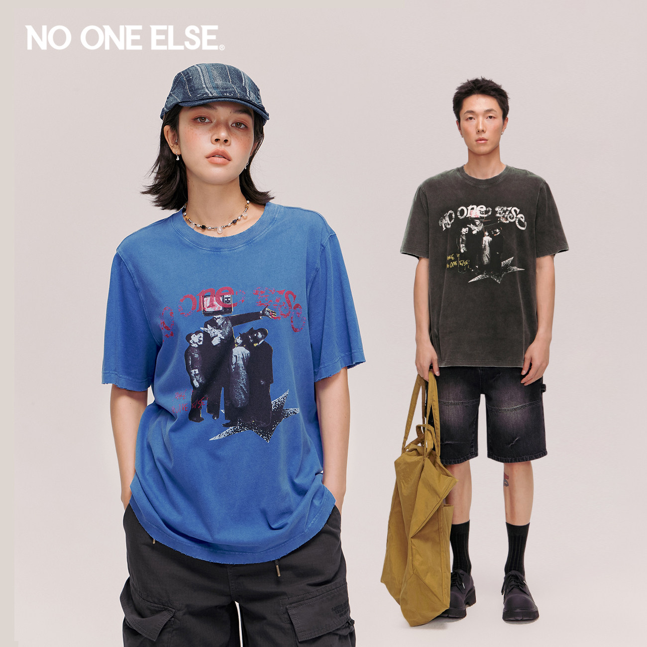 NO ONE ELSE人物字母印花T恤男女款2026夏季新品美式做旧短袖上衣