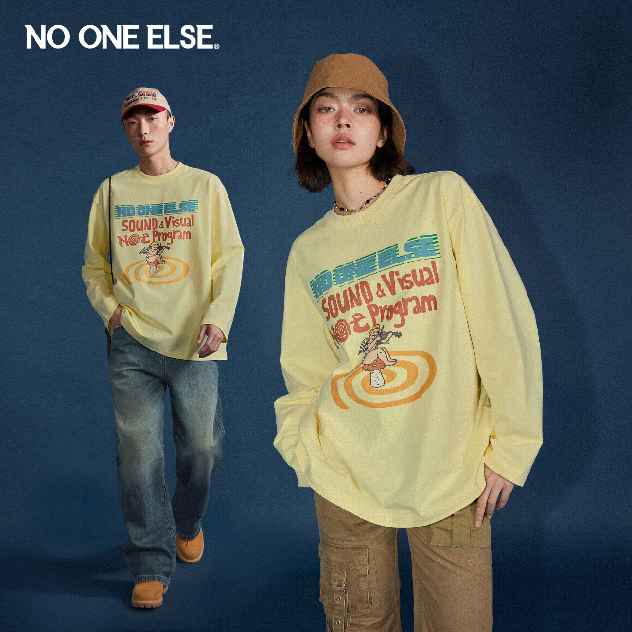 NO ONE ELSE卡通印花长袖T恤男女款2026年春秋新品宽松打底衫上衣