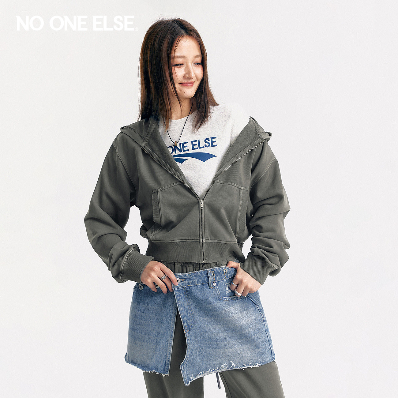 NO ONE ELSE连帽卫衣外套女士2026春秋新款做旧袋鼠兜长袖棒球衫