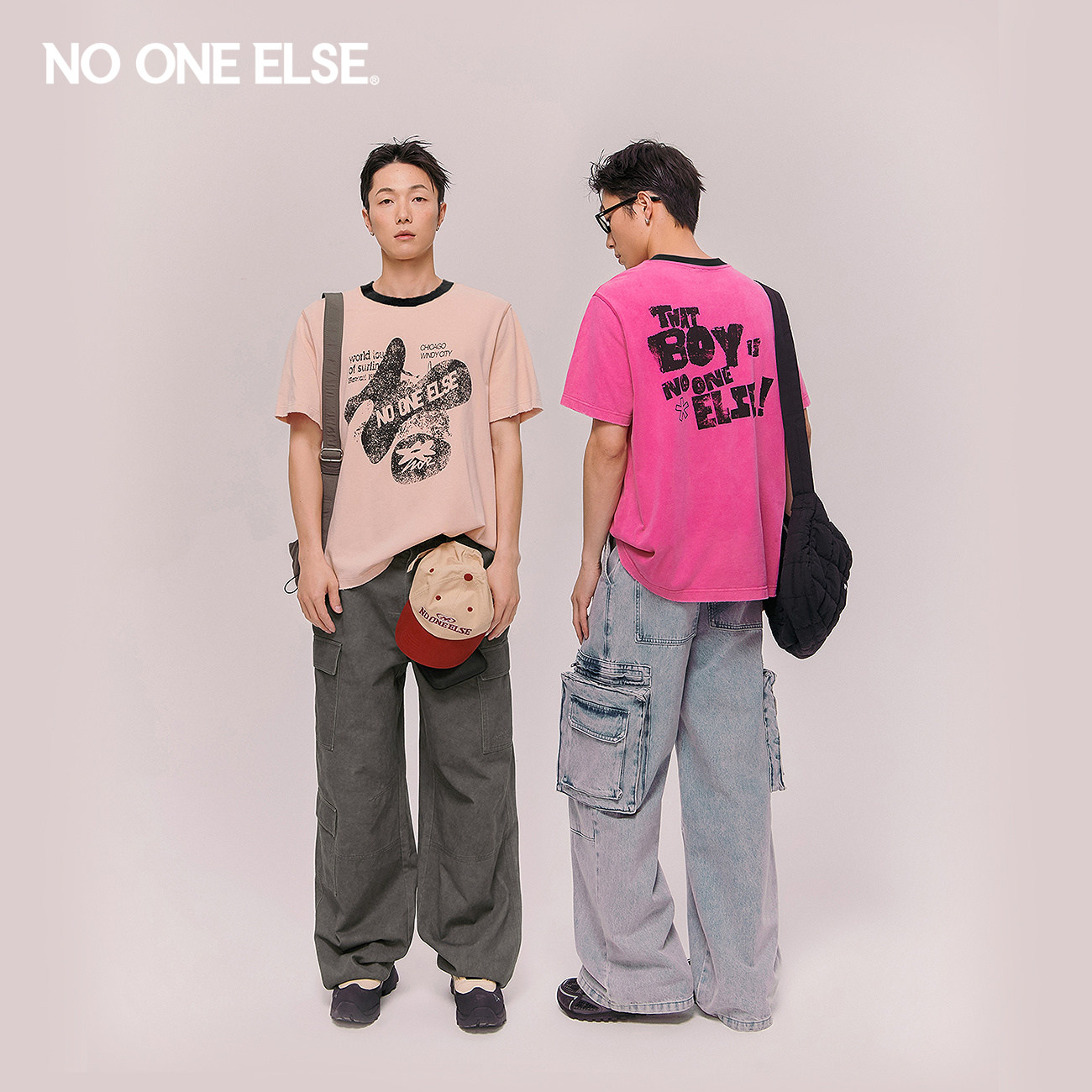 NO ONE ELSE字母印花做旧T恤男女2026春秋新款街头风宽松短袖上衣