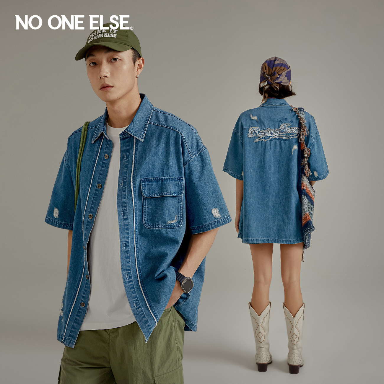 NO ONE ELSE字母绣花衬衫男女同款2026年夏季新品磨破短袖上衣薄