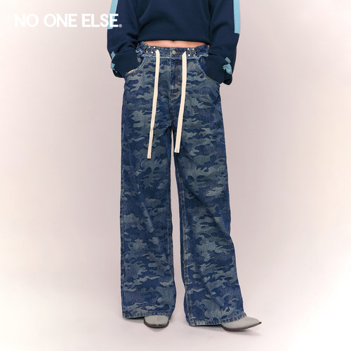 NO ONE ELSE迷彩抽绳牛仔裤女2026年春秋新款高腰宽松阔腿长裤子