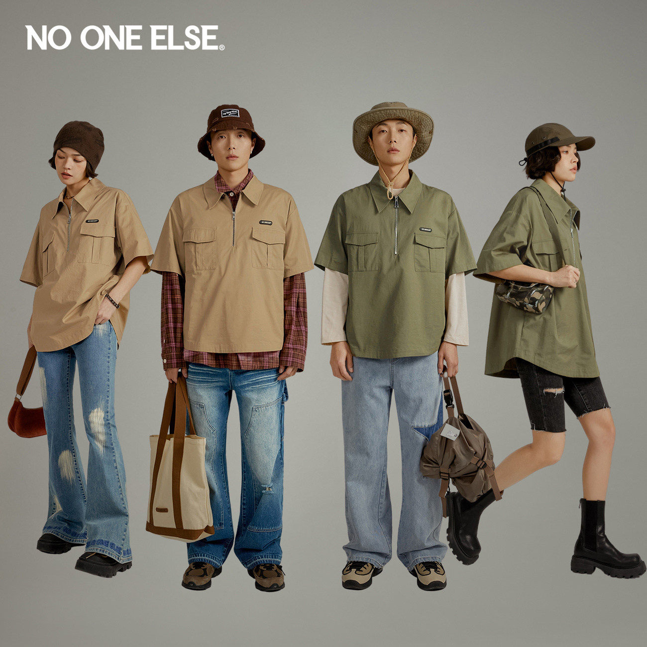 NO ONE ELSE字母宽松衬衫男女款2026春秋新品休闲POLO领短袖上衣