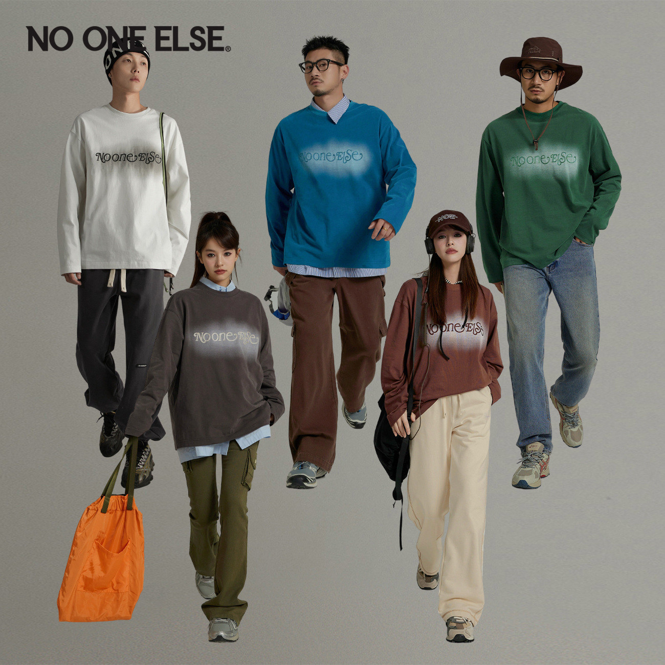 NO ONE ELSE磨毛字母T恤男女情侣款2026年春春秋新品圆领套头上衣
