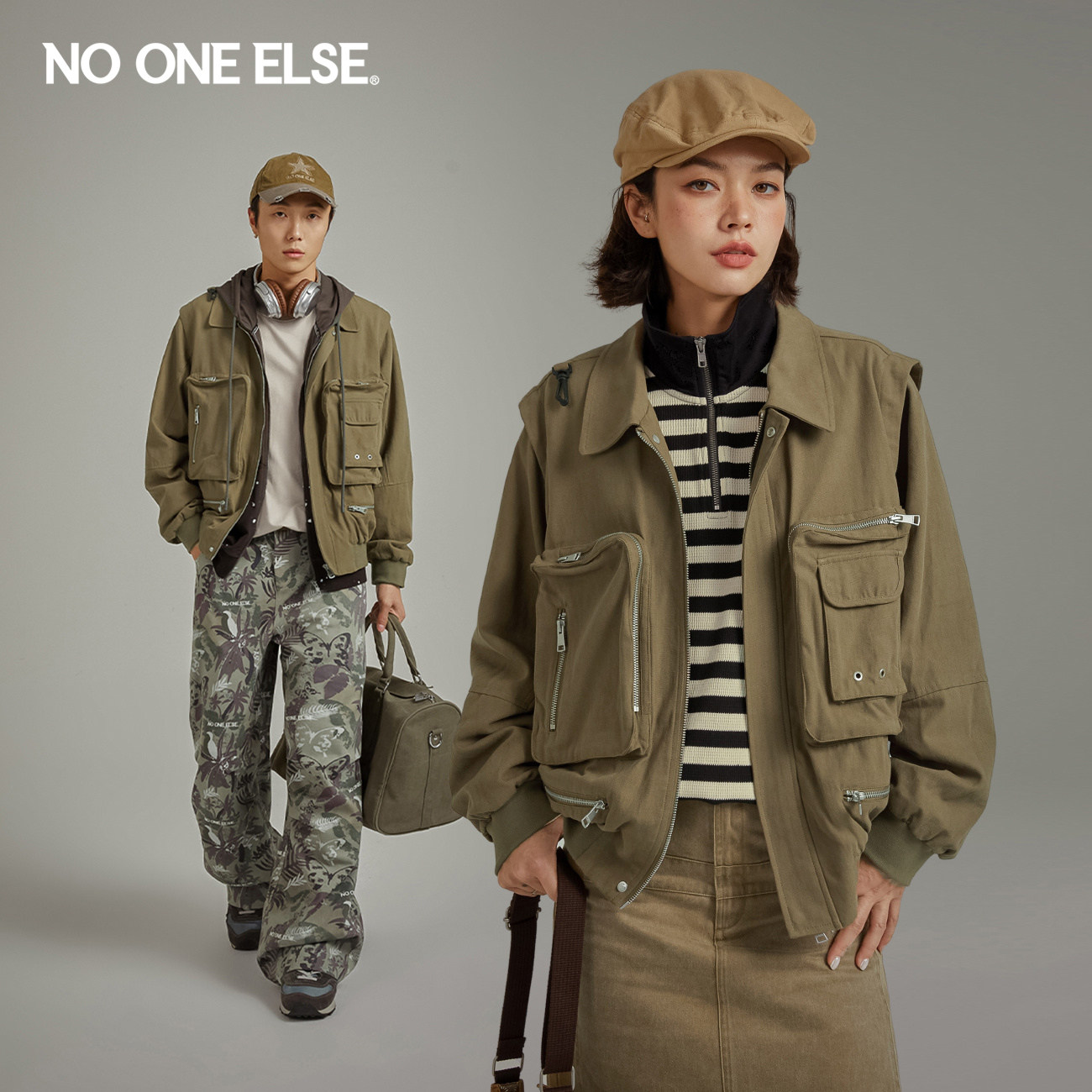 NO ONE ELSE拉链多口袋拼接外套男女同款2026秋新品时尚翻领上衣