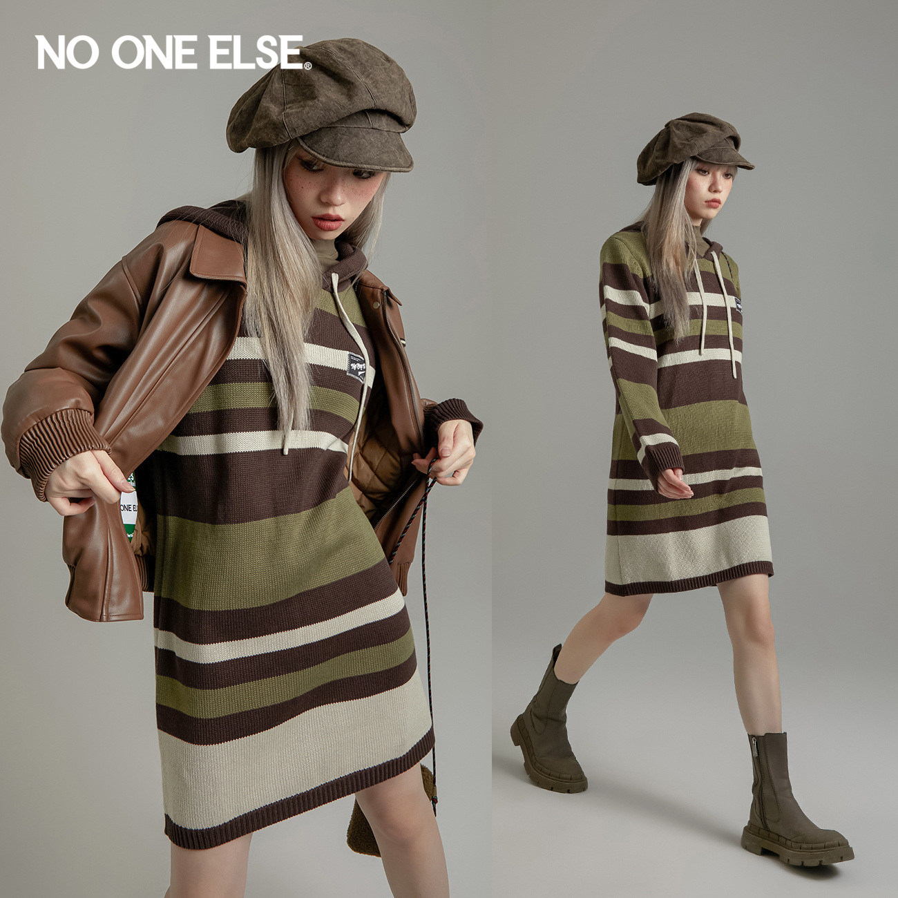 NO ONE ELSE针织连衣裙女2026春秋新品宽松直筒休闲条纹连帽裙子