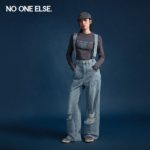 NOONEELSE磨破背带牛仔裤水洗