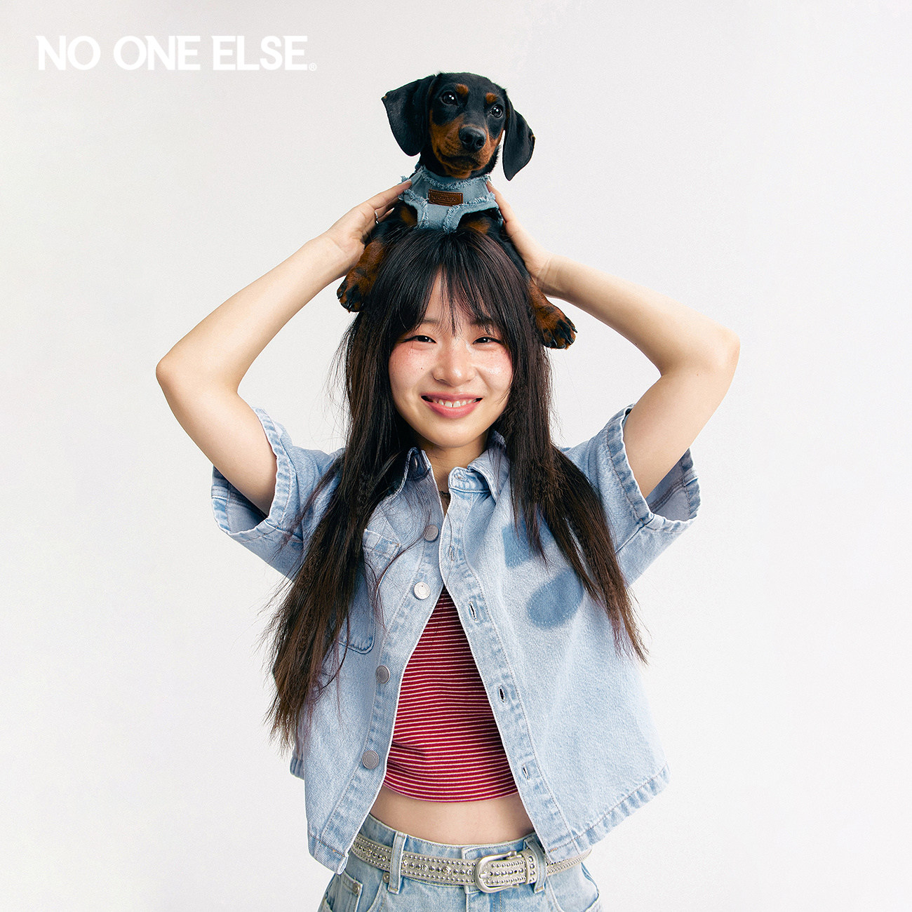 NO ONE ELSE翻领牛仔外套女士2026夏季新款字母印花肩章短袖夹克