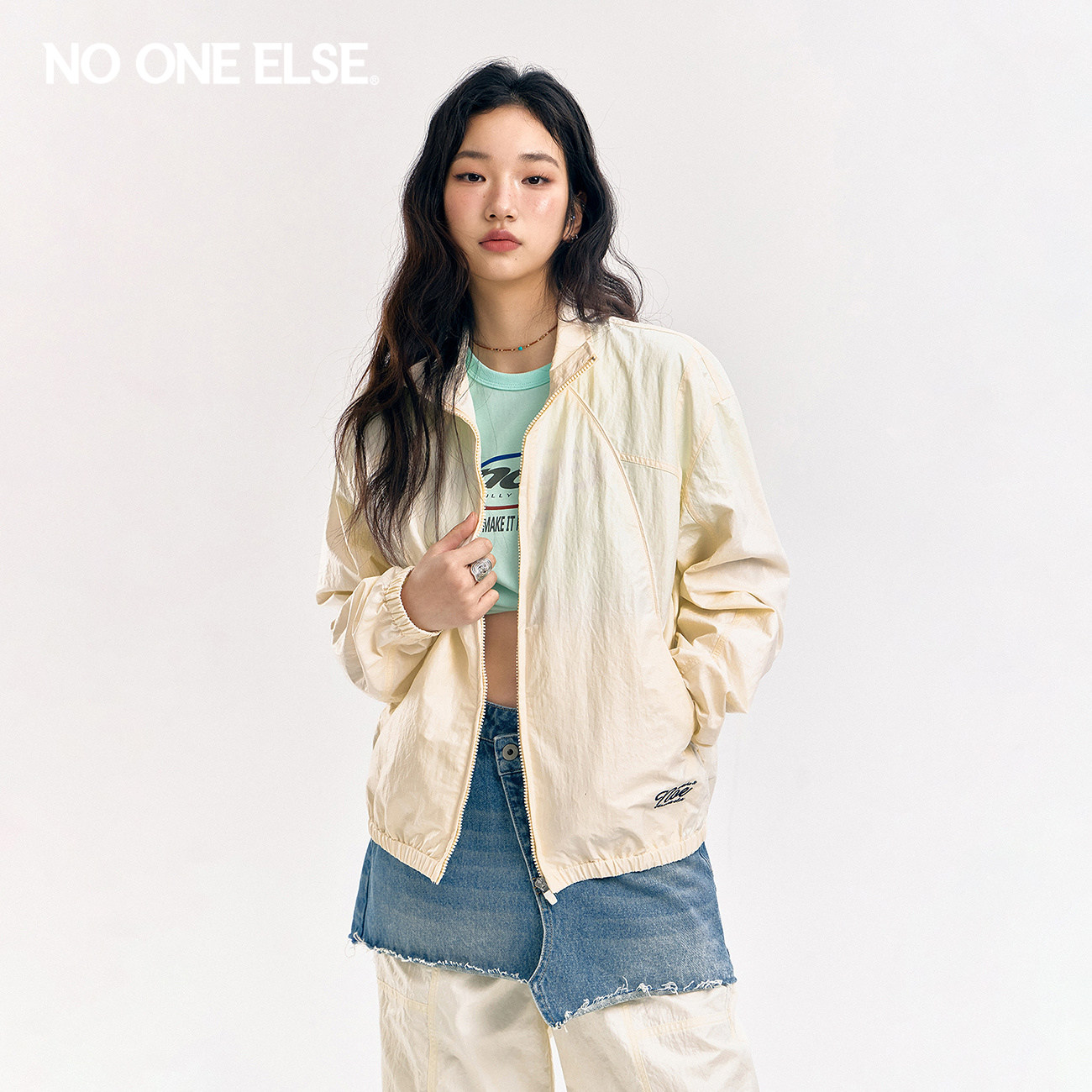NO ONE ELSE字母刺绣短外套女2026夏季新款宽松立领长袖机能夹克