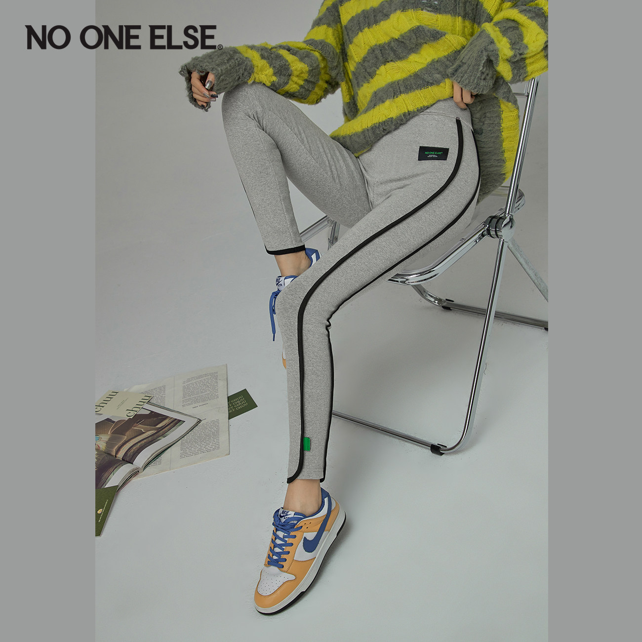 NO ONE ELSE侧边条纹打底裤女2026秋新款休闲百搭紧身弹力裤子