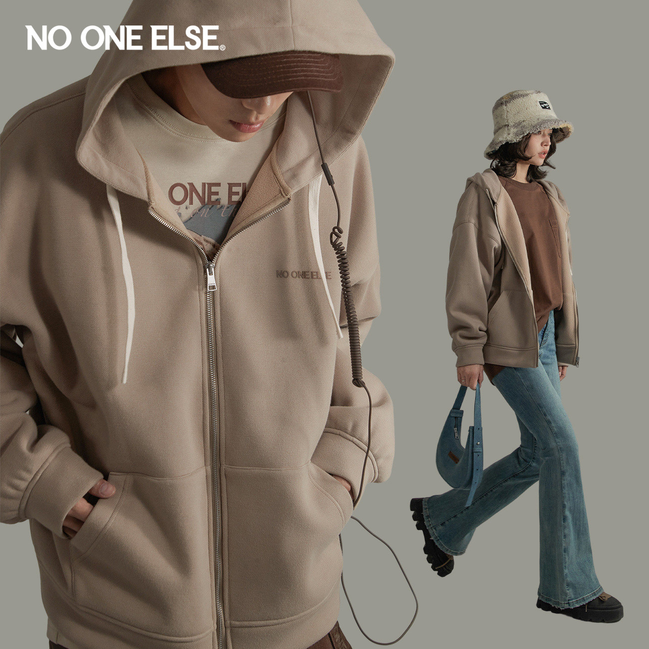 NO ONE ELSE【7系列】加绒卫衣外套男女同款2026年冬季新品上衣